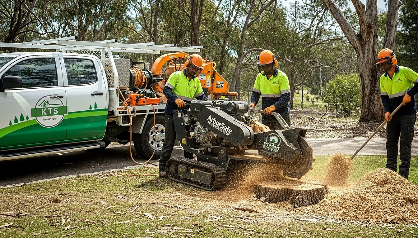 KTS crew grinding a stump in Kempsey with a tracked stump grinder