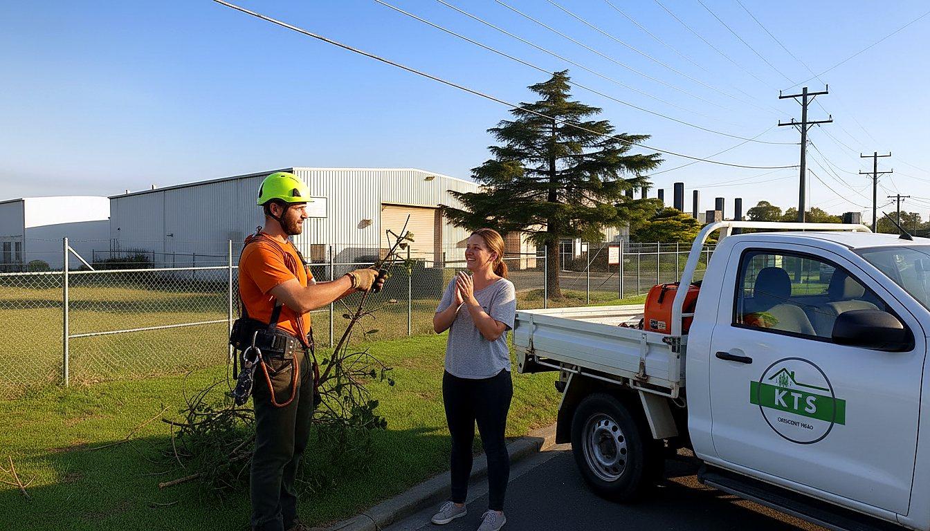 Arborist handing over pruned branches on a job near powerlines