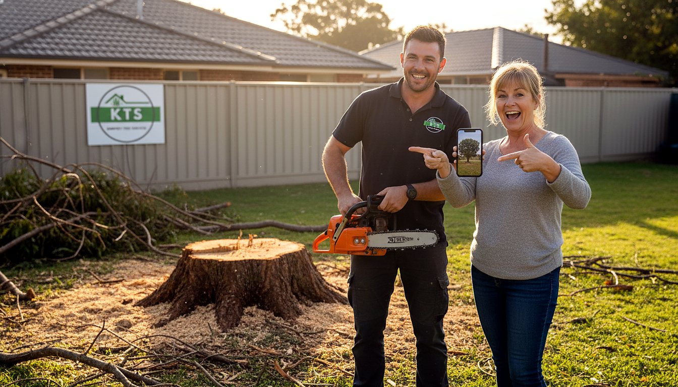 Fresh-cut stump and cleared branches after a job
